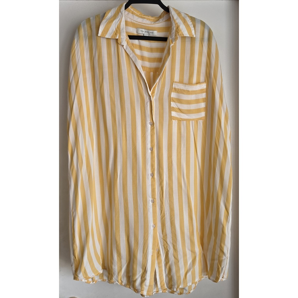 The Good Jane Women Button-Up Shirt Striped Yellow White Short Sleeve Coastal